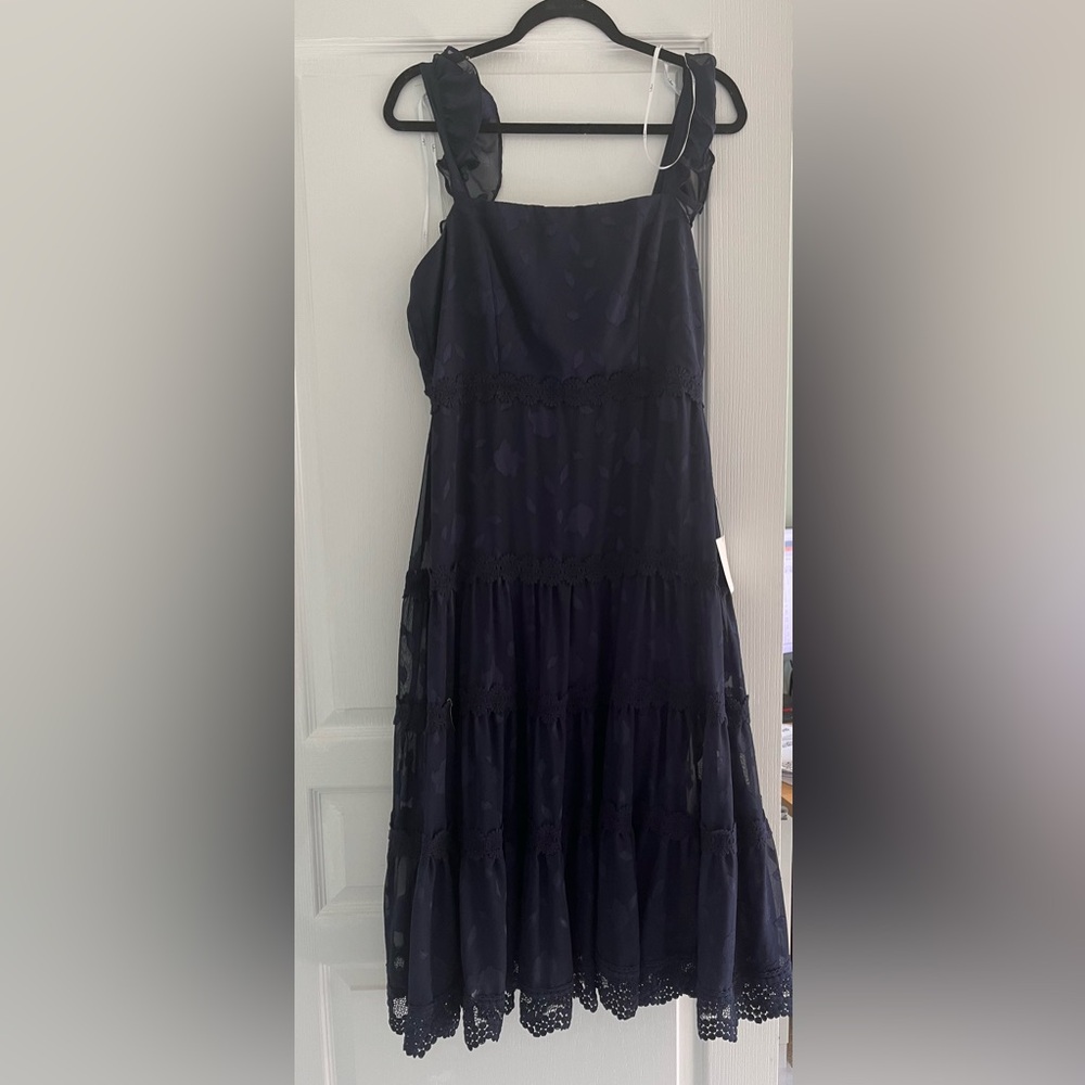Lulus My Final Rose Navy Blue Floral Jacquard Tiered Midi Dress - Size M